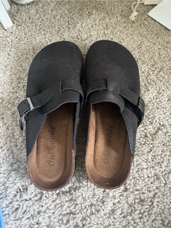Shoes - Black Suede Slip-On Clogs with Buckle